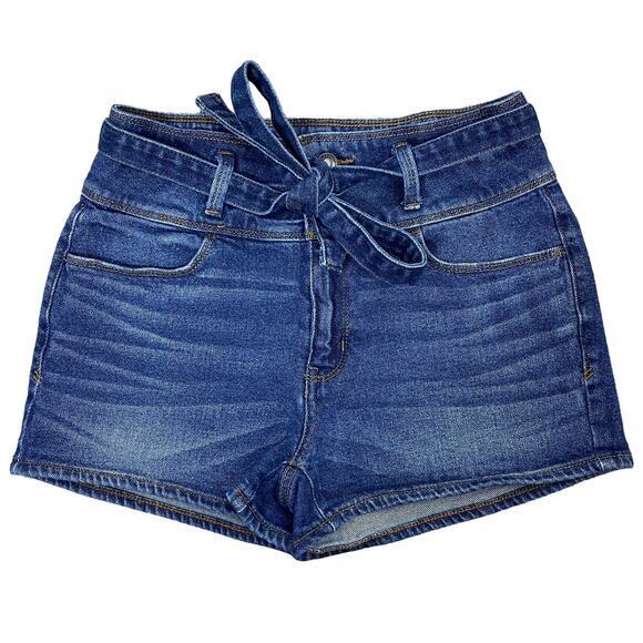 Mudd Pants - Mudd High Rise Jean Shorts Sz 7 Belted Wide Waistband Dark Wash Stretch Denim